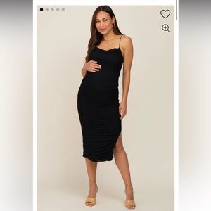 Black Mesh Ruched Cross Back Side Slit Maternity Midi Dress